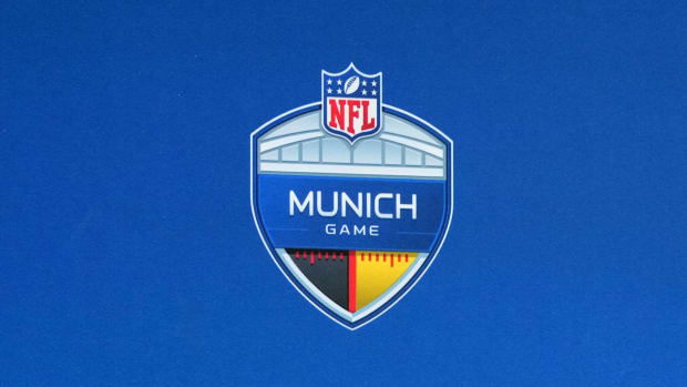 NFL: Super Bowl LVI-NFL International Press Conference Caption:Feb 11, 2022; Los Angeles, CA, USA; The NFL Munich Germany game logo during NFL International press conference at the Los Angeles Convention Center.